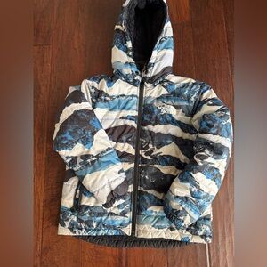 The North Face Blue, White & Black Quilted Jacket with Graphic Print